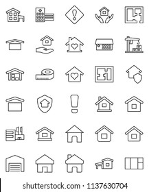 thin line vector icon set - house hold vector, measuring, dry cargo, hospital building, home, attention sign, cottage, barn, plan, love, construction crane, protect, mall, window