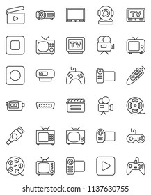 thin line vector icon set - cinema clap vector, film spool, tv, gamepad, video camera, remote control, play button, stop, rec, hdmi, web, projector