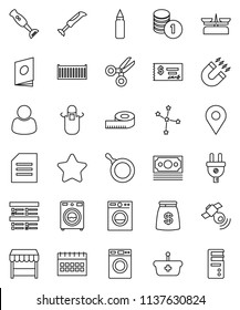 thin line vector icon set - washer vector, pan, apron, blender, magnet, scissors, document, constellation, exam, coin stack, check, calendar, measuring, punching bag, money, sea container, pin, star