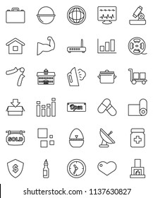 thin line vector icon set - steaming vector, pan, camping cauldron, cook timer, oil, university, case, microscope, world, graph, dollar shield, hand trainer, muscule, pills, fitness mat, clock, open