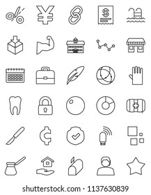 thin line vector icon set - rubber glove vector, house hold, turk coffee, pen, university, case, constellation, pie graph, yen sign, cent, fitball, muscule hand, calendar, pool, first aid kit, link
