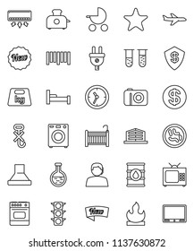 thin line vector icon set - plane vector, traffic light, support, clock, no hook, weight, flammable, oil barrel, barcode, favorites, flask, vial, microbs, office building, crib, washer, tv, new