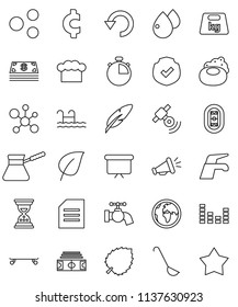 thin line vector icon set - soap vector, water tap, cook hat, ladle, turk coffee, pen, document, molecule, leaf, sand clock, presentation board, cent sign, stadium, stopwatch, skateboard, earth