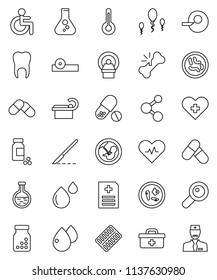 thin line vector icon set - flask vector, pills vial, molecule, doctor bag, disabled, heart pulse, cross, thermometer, magnifier, pregnancy, insemination, scalpel, broken bone, bottle, blister