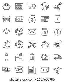 thin line vector icon set - house hold vector, alarm clock, schedule, scissors, world, money bag, man, clipboard, enegry drink, earth, office, phone, delivery, newspaper, mail, network, hub, target