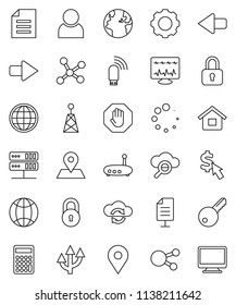 thin line vector icon set - document vector, calculator, dollar cursor, earth, map pin, antenna, social media, diagnostic monitor, network, server, cloud glass, exchange, gear, usb modem, router