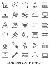 thin line vector icon set - towel vector, skimmer, ruler, microscope, archive, leaf, target, binder, calendar, dollar cursor, stairways run, tulip, notebook pc, speaker, eye doctor hat, big data