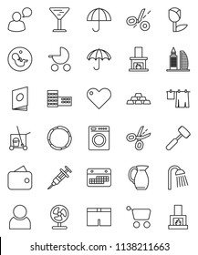 thin line vector icon set - cleaner trolley vector, drying clothes, shower, meat hammer, jug, school building, gold ingot, shorts, hoop, calendar, glass, umbrella, tulip, speaking man, heart, user