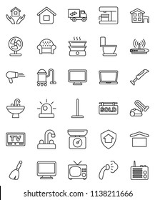 thin line vector icon set - broom vector, vacuum cleaner, mop, steaming, toilet, house hold, sink, water tap, dry cargo, tv, cottage, sold signboard, cushioned furniture, relocation truck, siren