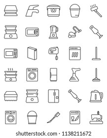 thin line vector icon set - plunger vector, water tap, vacuum cleaner, mop, bucket, sponge, car fetlock, washing powder, kettle, double boiler, blender, fridge, washer, dishwasher, mixer