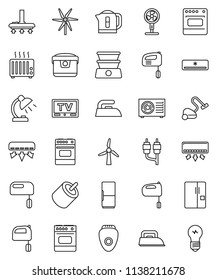 thin line vector icon set - vacuum cleaner vector, iron, mixer, oven, table lamp, tv, rca, windmill, air conditioner, ari condition, fridge, multi cooker, epilator, fan, kettle, double boiler, bulb
