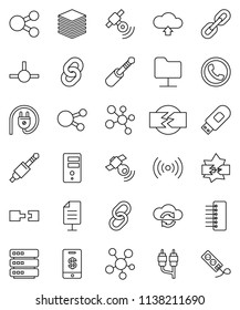 thin line vector icon set - molecule vector, satellitie, social media, link, rca, jack, connect, disconnection, network folder, cloud exchange, big data, server, hub, usb modem, share, upload, chain