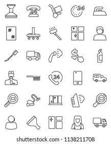 thin line vector icon set - scraper vector, vacuum cleaner, fetlock, car, window cleaning, iron, steaming, agent, shining, woman, dollar cursor, phone 24, support, cargo search, mobile, doctor, hour