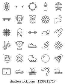 thin line vector icon set - award cup vector, target, barbell, jump rope, hand trainer, fitball, muscule, snickers, shorts, roller Skates, skateboard, medal, sports nutrition, water bottle, pool