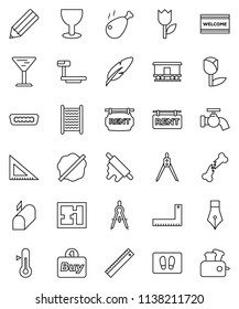 thin line vector icon set - water tap vector, splotch, welcome mat, washboard, rolling pin, thermometer, chicken leg, pen, pencil, corner ruler, drawing compass, glass, tulip, big scales, hdmi, plan