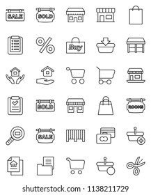 thin line vector icon set - house hold vector, cart, credit card, office, cargo search, estate document, sale signboard, rooms, sold, shopping bag, percent, market, store, buy, barcode, basket, list