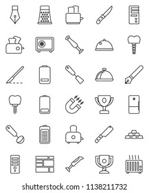 thin line vector icon set - spatula vector, ladle, knife, grater, toaster, dish, pen, award cup, magnet, safe, gold ingot, consolidated cargo, battery, scalpel, tooth implant, fridge, blender