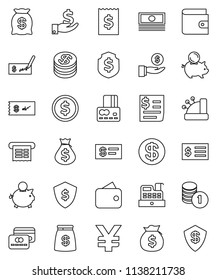thin line vector icon set - dollar coin vector, credit card, wallet, cash, money bag, piggy bank, investment, stack, check, receipt, shield, yen sign, cashbox