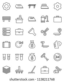 thin line vector icon set - scraper vector, vacuum cleaner, rake, iron, steaming, student, case, money bag, horizontal bar, big scales, vial, scissors, data, gear, bench, 24 hour