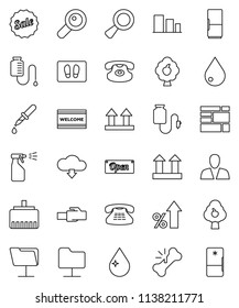 thin line vector icon set - water drop vector, welcome mat, sprayer, percent growth, consolidated cargo, top sign, sorting, classic phone, magnifier, dropper, broken bone, counter, network folder