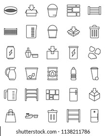 thin line vector icon set - bucket vector, trash bin, garbage pile, measuring cup, jug, sieve, enegry drink, water bottle, sea container, port, wood box, consolidated cargo, package, oil barrel