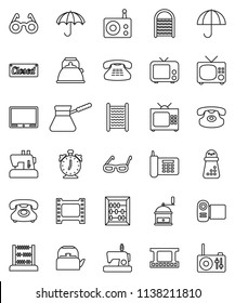 thin line vector icon set - washboard vector, kettle, hand mill, turk coffee, glasses, alarm clock, abacus, phone, umbrella, film frame, radio, tv, classic, closed, video camera, sewing machine