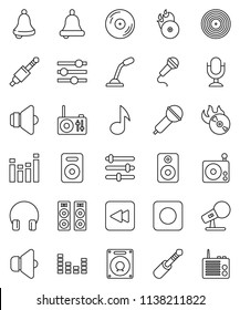 thin line vector icon set - bell vector, music, disk, hit, microphone, radio, speaker, equalizer, headphones, backward button, rec, jack
