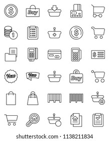 thin line vector icon set - dollar coin vector, cart, credit card, stack, receipt, estate document, search, new, shopping bag, buy, barcode, reader, basket, list