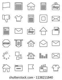thin line vector icon set - calculator vector, flag, arrow up, dollar, document, equalizer, finger down, mail, stop button, browser, home, loading, house, buy, clothes
