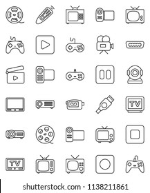 thin line vector icon set - cinema clap vector, film spool, tv, gamepad, video camera, remote control, play button, pause, stop, rec, hdmi, web, projector