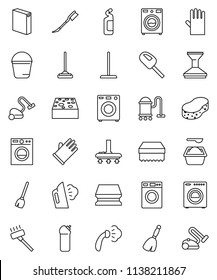 thin line vector icon set - broom vector, vacuum cleaner, mop, bucket, sponge, car fetlock, steaming, washer, washing powder, cleaning agent, rubber glove