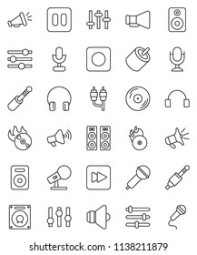 thin line vector icon set - disk vector, music hit, microphone, speaker, loudspeaker, settings, headphones, pause button, forward, rec, rca, jack, equalizer