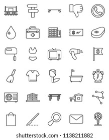 thin line vector icon set - broom vector, water drop, bath, steak, alarm clock, dollar flag, horizontal bar, swimsuite, skateboard, Railway carriage, tulip, tv, finger down, doctor bag, magnifier