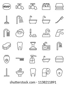 thin line vector icon set - soap vector, water tap, fetlock, mop, sponge, car, bath, toilet brush, liquid, paper, shower, sink, tooth, epilator