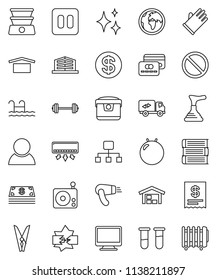 thin line vector icon set - plunger vector, clothespin, shining, rubber glove, book, barbell, fitball, prohibition sign, earth, dry cargo, radio, pause button, vial, disconnection, hierarchy, pool