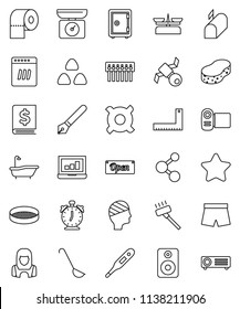 thin line vector icon set - vacuum cleaner vector, sponge, bath, toilet paper, woman, ladle, sieve, cereal, pen, corner ruler, alarm clock, laptop graph, annual report, safe, any currency, shorts