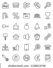 thin line vector icon set - shower vector, skimmer, spices, apple fruit, bell, alarm clock, exchange, percent growth, investment, money search, euro sign, no smoking, glass, flammable, cargo, link