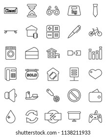 thin line vector icon set - water drop vector, washer, skimmer, cake, glasses, pen, presentation board, tie, bike, skateboard, prohibition sign, ship, weight, speaker, equalizer, heart, sand clock