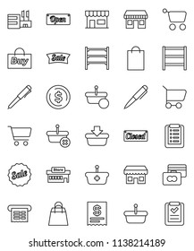 thin line vector icon set - pen vector, dollar coin, cart, credit card, office, shelving, sale, open, closed, shopping bag, store, mall, buy, receipt, basket, list