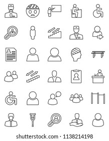 thin line vector icon set - blackboard vector, student, manager, man, personal information, horizontal bar, stairways run, client, speaking, group, disabled, doctor, crutches, head bandage, user