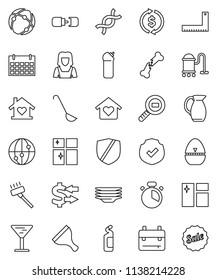 thin line vector icon set - scraper vector, vacuum cleaner, window cleaning, agent, plates, shining, woman, cook timer, ladle, jug, corner ruler, backpack, exchange, calendar, glass, protected, dna