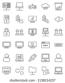 thin line vector icon set - trash bin vector, laptop graph, monitor dollar, cursor, heart, support, top sign, notebook pc, hdmi, diagnostic, network, folder, server, cloud exchange, browser, share