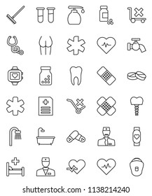 thin line vector icon set - rake vector, water tap, liquid soap, heart pulse, pills vial, buttocks, monitor, no trolley, ambulance star, doctor, patch, stethoscope, bottle, anamnesis, hospital bed