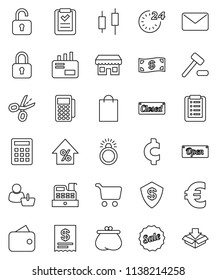 thin line vector icon set - cart vector, japanese candle, percent growth, euro sign, cent, wallet, cash, sale, open, closed, 24 hour, shopping bag, store, customer, card reader, cashbox, receipt