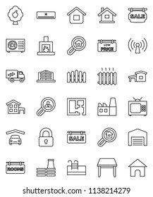 thin line vector icon set - house vector, cottage, pool, fruit tree, garage, barn, fence, plan, sale signboard, rooms, low price, office building, search estate, client, lock, table, fireplace, tv