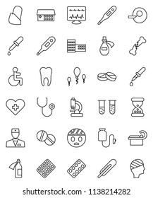 thin line vector icon set - school building vector, disabled, heart cross, doctor, thermometer, vial, insemination, dropper, broken bone, sand clock, stethoscope, pills, blister, microscope, potion