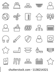 thin line vector icon set - plates vector, kettle, colander, measuring cup, cookbook, pen, corner ruler, student, university, man, arrow up, hierarchy, calendar, port, headphones, chromosomes, user