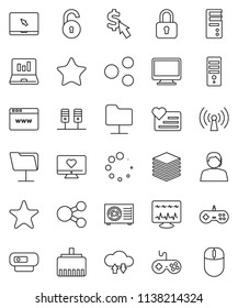 thin line vector icon set - laptop graph vector, dollar cursor, heart monitor, support, gamepad, notebook pc, favorites, diagnostic, server, network folder, cloud exchange, big data, browser, share