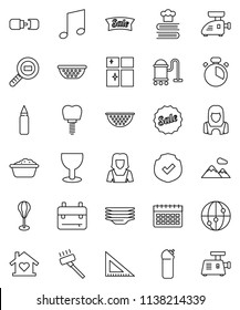 thin line vector icon set - vacuum cleaner vector, foam basin, cleaning agent, plates, shining window, woman, colander, cook timer, cookbook, corner ruler, backpack, music, punching bag, calendar