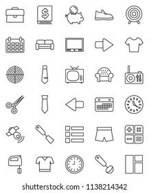 thin line vector icon set - spatula vector, ladle, mixer, piggy bank, case, annual report, clock, tie, calendar, snickers, shorts, t shirt, target, satellitie, scissors, arrow, cushioned furniture